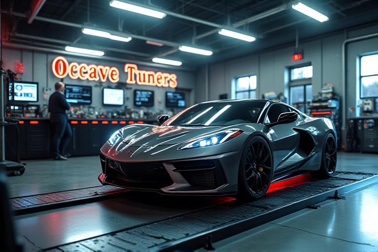 Octave Tuners workshop featuring a tuned sports car on a dyno